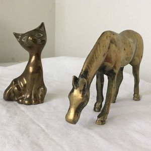 Vintage Brass Horse and Cat